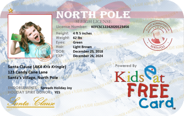 Santa's Help Customizable Sleigh License powered by Kids Eat Free Card